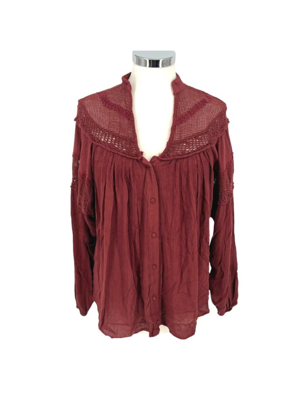 Gimmicks Boho Prairie Crochet Cottage V-neck Blouse Flowy Dusky Dark Rose Small